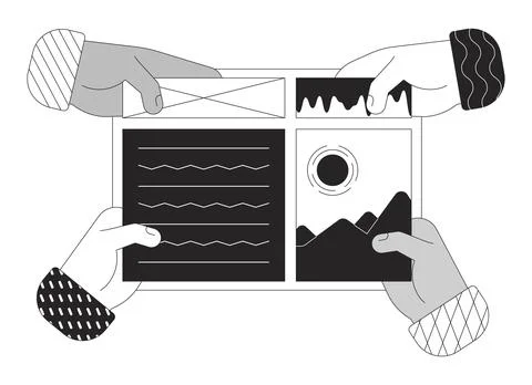 Hands applying elements onto webpage outline illustration Stock Illustration