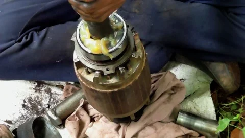 Hands Applying Lubricating Grease to Ball Bearing of Electric Motor Rotor Assemb Vidéo 344791540