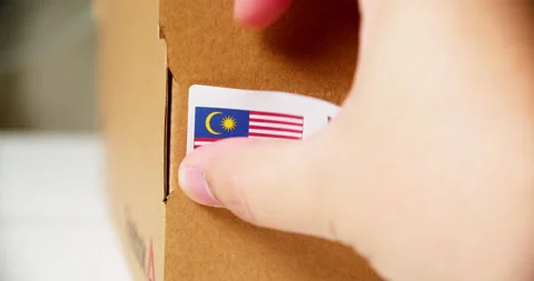 Hands applying MADE IN MALAYSIA flag label on a shipping cardboard box Stock Footage 199259338