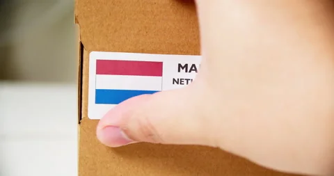 Hands applying MADE IN NETHERLANDS flag label on a shipping cardboard box Stock Footage 199439198