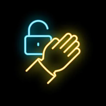 Hands approaching open padlock in neon light style Stock Illustration