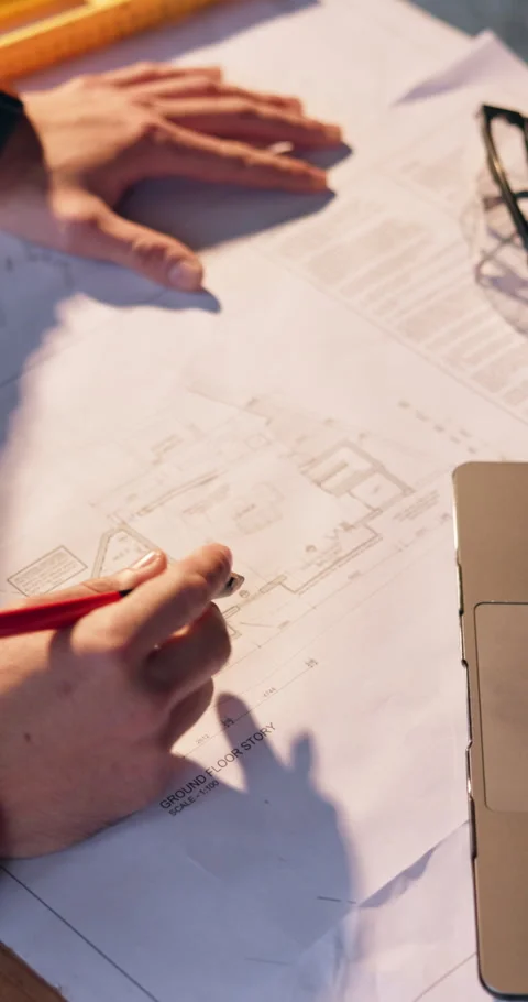 Hands, architect and blueprint with pencil for strategy, civil engineering and Stock Footage 340869678