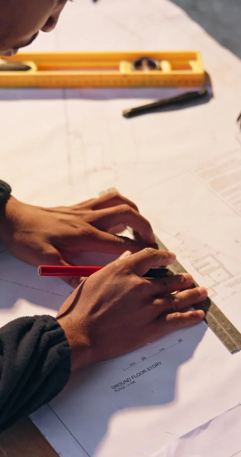 Hands, architect and blueprint with pencil for drawing, civil engineering and Stock Footage 340870145