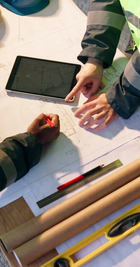 Hands, architect and blueprint with team for tablet screen, civil engineering Stock Footage 340870507