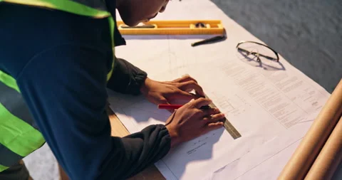 Hands, architect and writing with blueprint on construction site for building Stock Footage 337151167