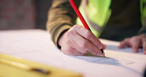 Hands, architect or writing with blueprint for construction planning or building Stock Footage 337150830