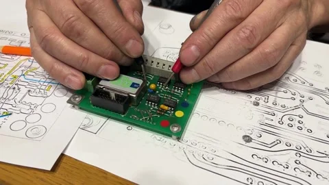 Hands are actively engaged in the process of circuit board testing and repair Stock Footage 304731375