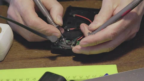 Hands are actively engaged in working on the repair of electronic devices using Video stock 320950684
