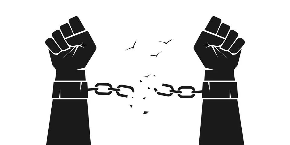 Hands are breaking steel handcuffs. Broken chains, shackles. Stock Illustration