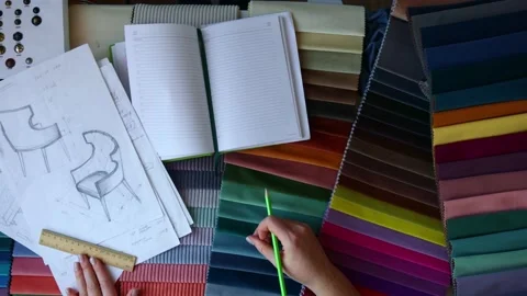 Hands are drawing chairs on the table with many differents colorful clothes Stock Footage 231797496