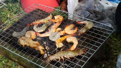 The hands are grilled Seafood grill or  barbecue with charcoal in the party. Видео 70153111