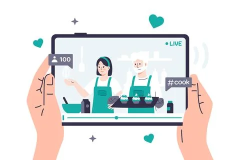 Hands are holding a tablet on which a video on a culinary topic is playing Illustrazione stock