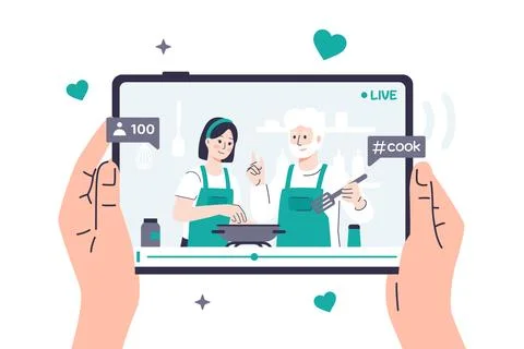 Hands are holding a tablet on which a video on a culinary topic is playing Illustrazione stock