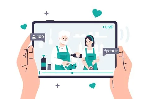 Hands are holding a tablet on which a video on a culinary topic is playing Illustrazione stock