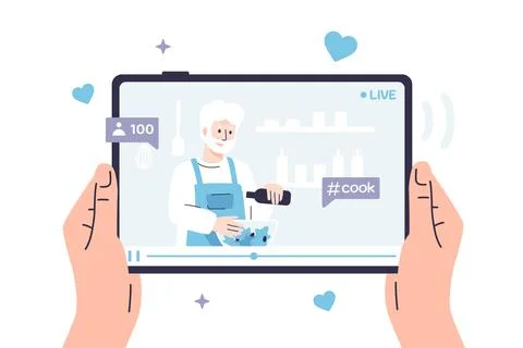 Hands are holding a tablet on which a video on a culinary topic is playing Stock Illustration