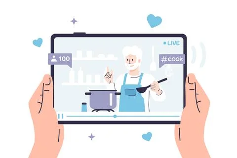 Hands are holding a tablet on which a video on a culinary topic is playing Illustrazione stock