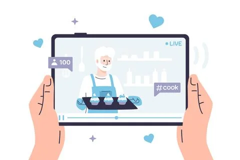 Hands are holding a tablet on which a video on a culinary topic is playing. Stock Illustration