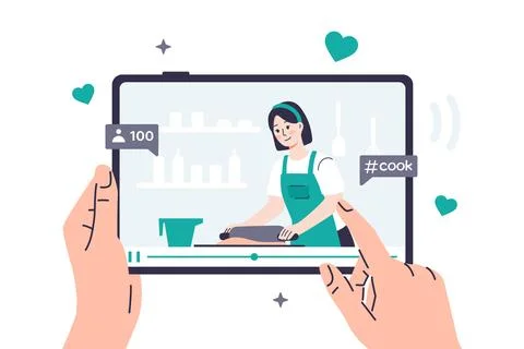Hands are holding a tablet on which a video on a culinary topic is playing. Stock Illustration