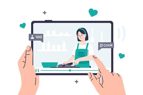 Hands are holding a tablet on which a video on a culinary topic is playing Stock Illustration