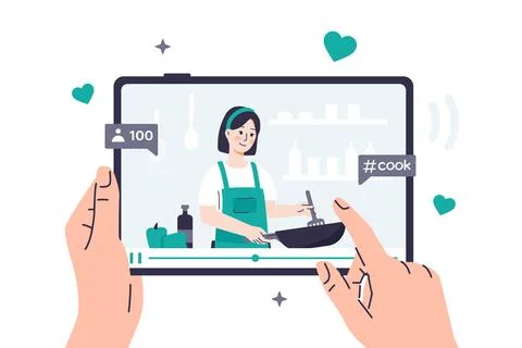Hands are holding a tablet on which a video on a culinary topic is playing Stock Illustration