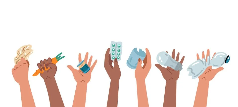 Hands are holding various trash for paper ecology design. Vector Stock Illustration