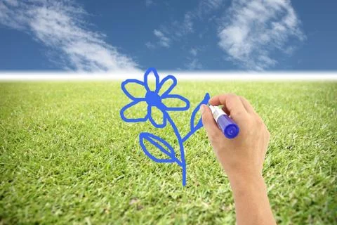 Hands are painted blue flowers. Stock Illustration