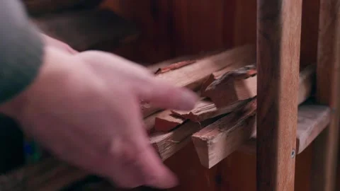 Hands are placing thin oak firewood for kindling, close-up Stock Footage 321828232