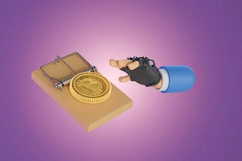 Hands are reaching out to pick up crypto coins at the mousetrap. 3D, Render, Stock Illustration