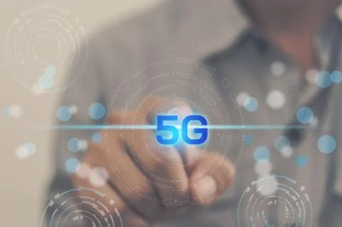 Hands are touching a virtual screen 5g Stock Photos