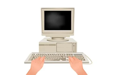 Hands are typing on computer keyboard. Online workplace behind retro pc. Stock Illustration