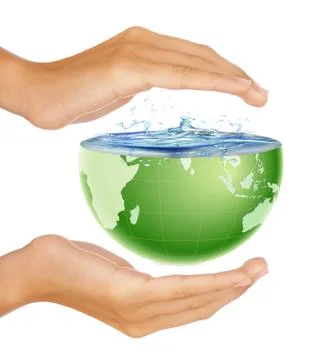 Hands around half earth globe with water splashing Stock Photos