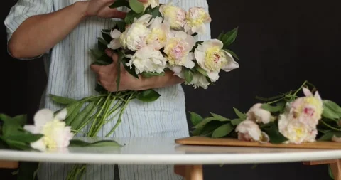 Hands arranging a beautiful bouquet of delicate white and pink peonies Stock Footage 339078804