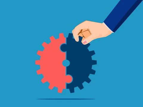 Hands assemble the gears to complete. vector Illustrazione stock