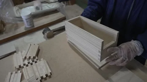 Hands Assembling a Dovetailed Wooden Box in a Workshop Vidéo 340009352