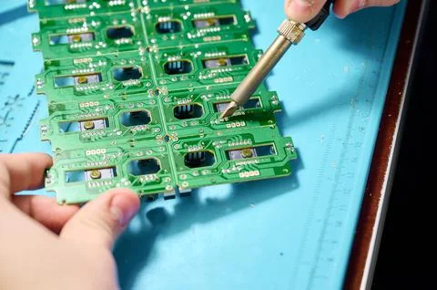 Hands assembling green circuit boards with a soldering iron in a workshop during Stock Photos