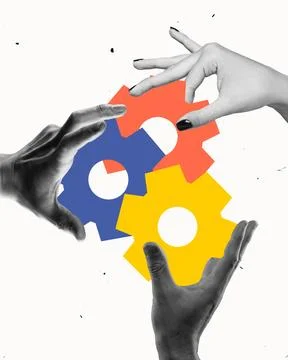 Hands assembling interconnected gears, symbolizing teamwork, cooperation, and Stock Photos