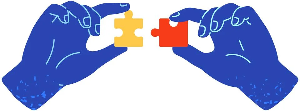 Hands assembling jigsaw puzzle pieces together. Multicolored logic toy, folding Ilustración de archivo
