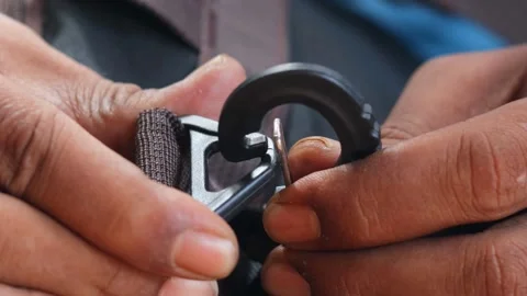 Hands attaching a plastic strap hook to a backpack strap Stock Footage 339044307