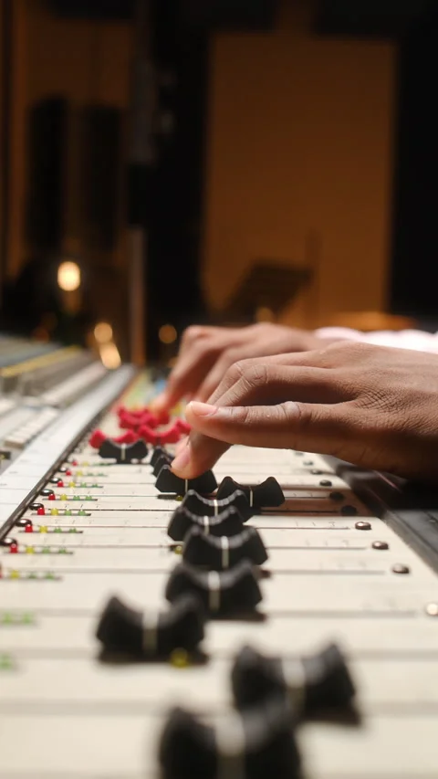 Hands of Audio Engineer Moving Sliders on Mixing Console in Recording Studio Stock Footage 334398010