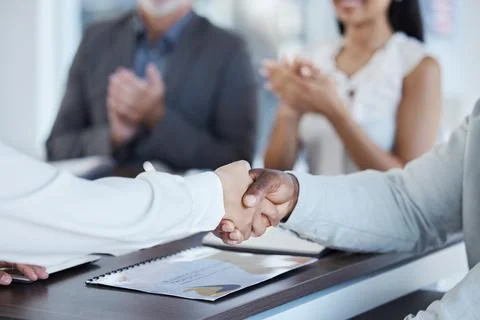 Hands, b2b and handshake in support of partnership, collaboration and clapping Stock Photos