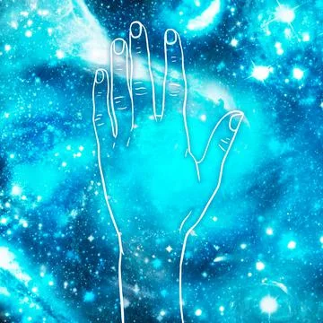 Hands on the background of space. Esoteric illustration Stock Illustration
