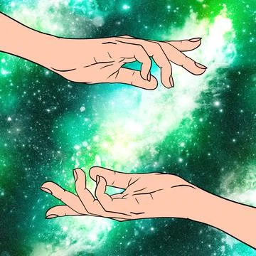 Hands on the background of space. Esoteric illustration Stock Illustration