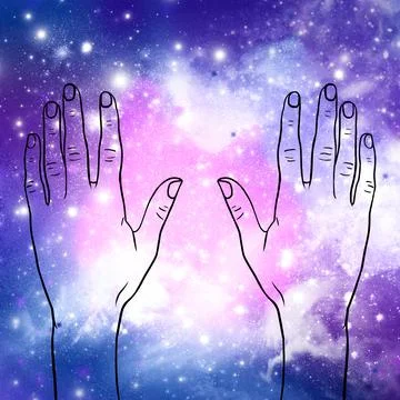 Hands on the background of space. Esoteric illustration Stock Illustration