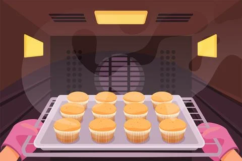 Hands of baker in kitchen mitts taking out tray of cakes from baking oven Stock-Illustration