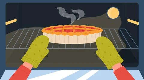 Hands of baker putting fruit cake dessert on tray into kitchen oven, chef making Stock Illustration