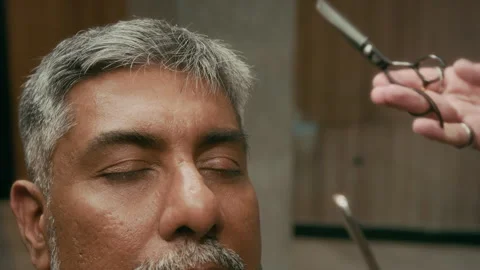 Hands of Barber Combing and Trimming Eyebrows for Mature Indian Man Stock Footage 317560201