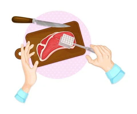Hands Beating Beef Steak with Meat Pounder on Cutting Board Table Above View Stock Illustration