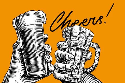 Hands with a beer glass or mug cheering. Glass and wooden made cup with a Stock Illustration