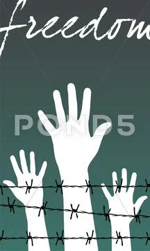 Hands behind a barbed wire prison with the word freedom Stock Illustration