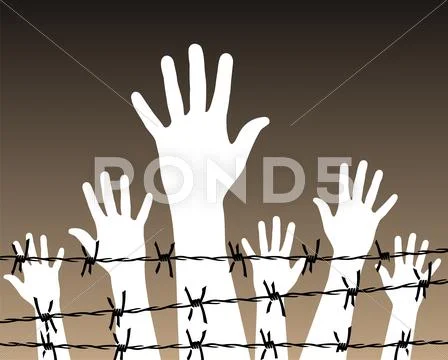 Hands behind a barbed wire prison Stock Illustration